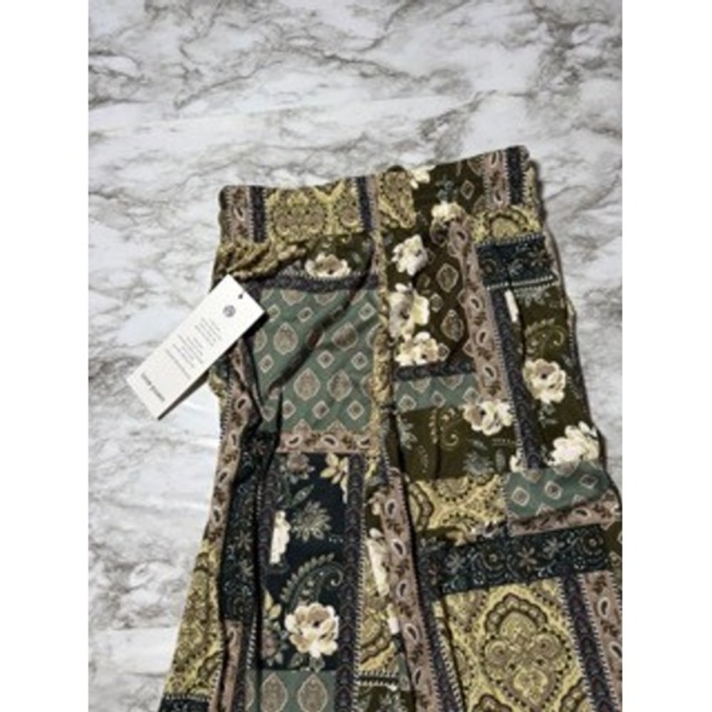 Love Poem Pants Women's Drawstring Waist Olive Green Patchwork Floral Wide Leg - Picture 6 of 7